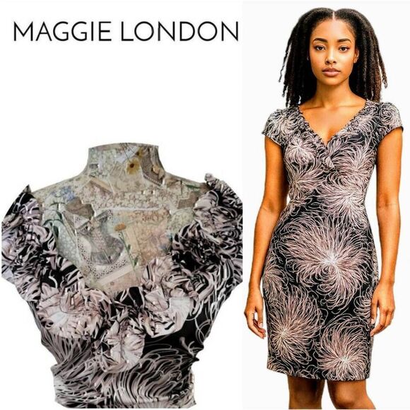 Maggie London NEW Neutral Black & White Tight Hugging Ruffled Top V Neck Dress - Picture 1 of 12